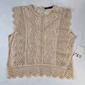 ZARA Beige Lace Sleeveless Floral Embroidered Back Zipper Blouse Women’s L NWT